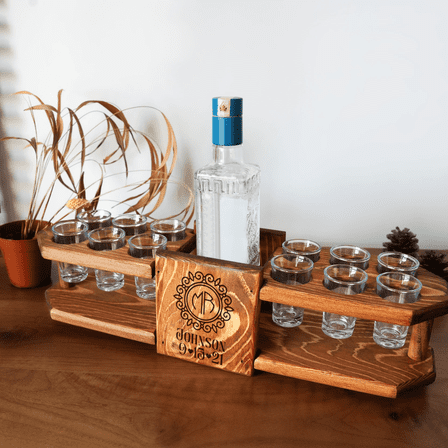 Custom Tequila Shot Board – 20"x5.11"x4.72" Wood Stand with 12 Shot Glasses & Bottle Slot