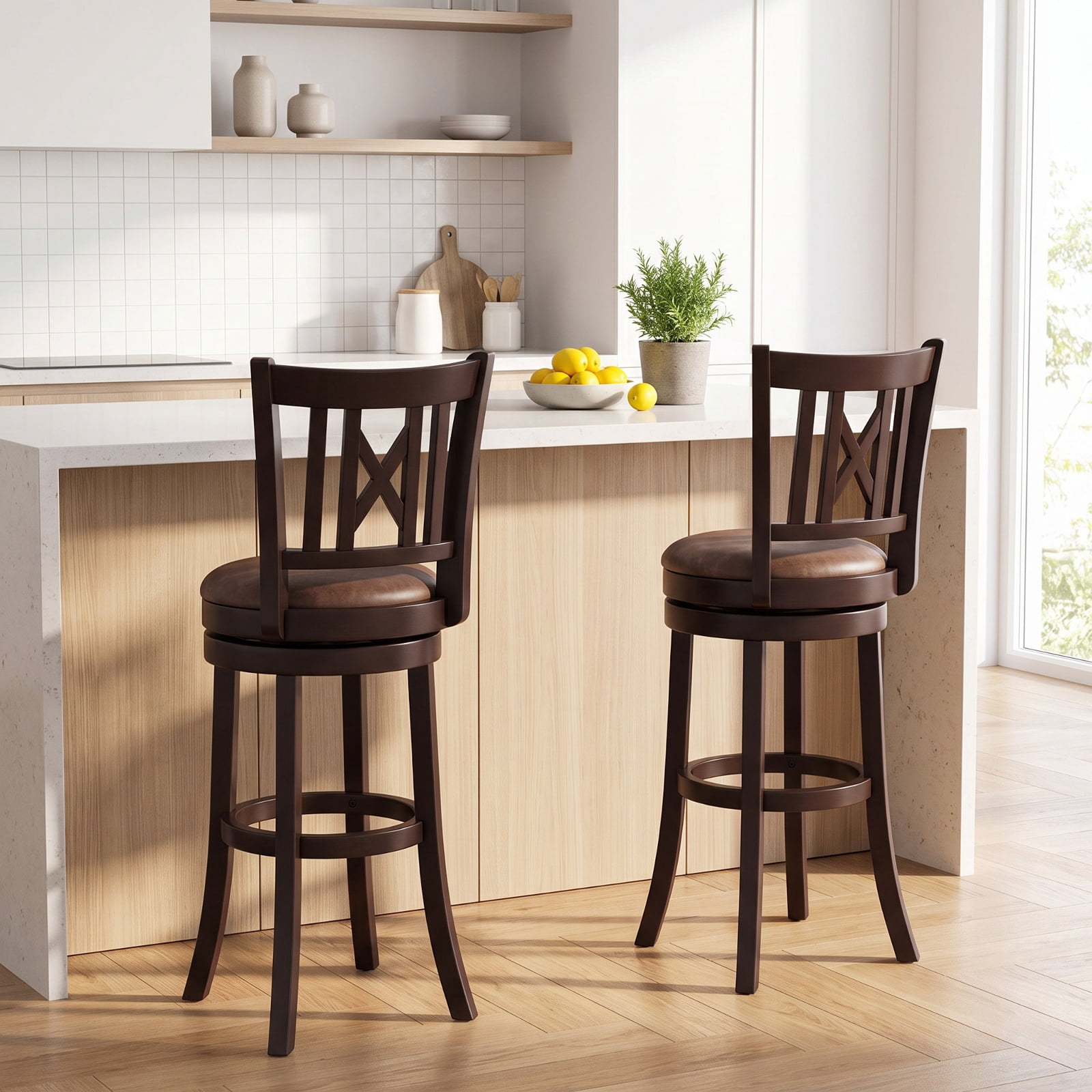 Furnibear Set of 2 Bar Stools Swivel Bar Chairs with Footrest and Hollowed Backrest-30 inches for Kitchen Island Counter Bar Pub Dining Home, Coffee