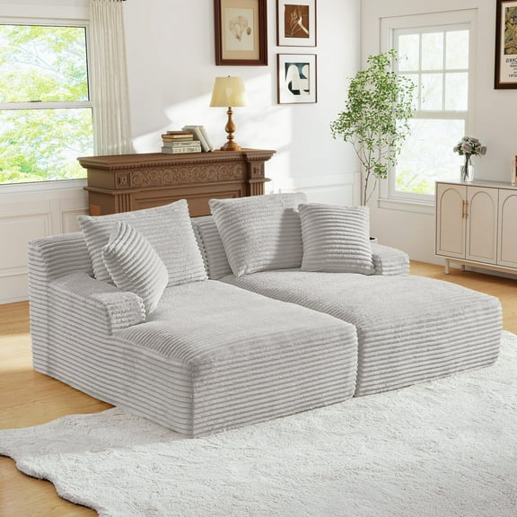 Muumblus Oversized Double Chaise Lounge Chair, Modern Indoor Boneless Cloud Sofa, Plush Corduroy Upholstered Modural Sectional Sleeper Couch for Living Room Apartment, Light Gray