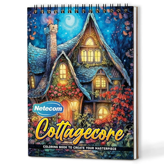 Netecom Cottagecore Coloring Book Spiral Bound for Adults, A5 Wooden Cover, 30 Tranquil Coloring Pages of Inspired-Cottagecore Scenes for Stress Relief and Relaxation