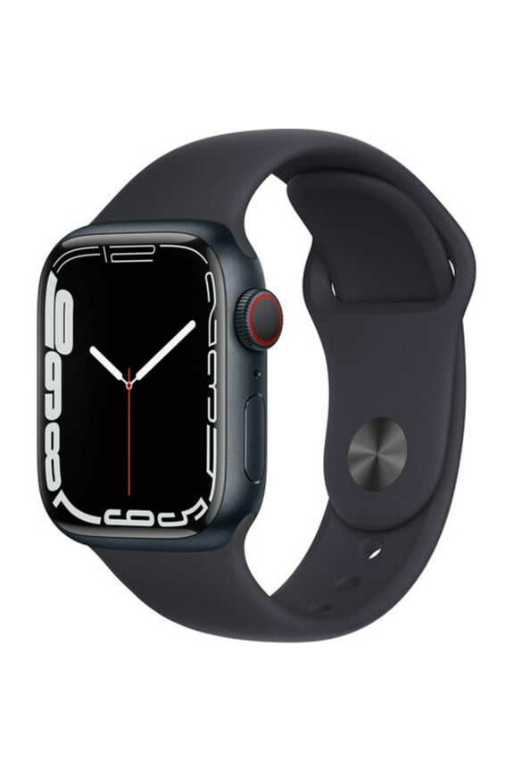 Pre-Owned Apple, Watch Series 7, GPS Cellular Midnight Aluminum Case - Sport Band, Always-On OLED Retina Display, Auto Bike Riding Tracking Blood Oxygen Sensor, 1 Each, Midnight/41mm, 1, 1