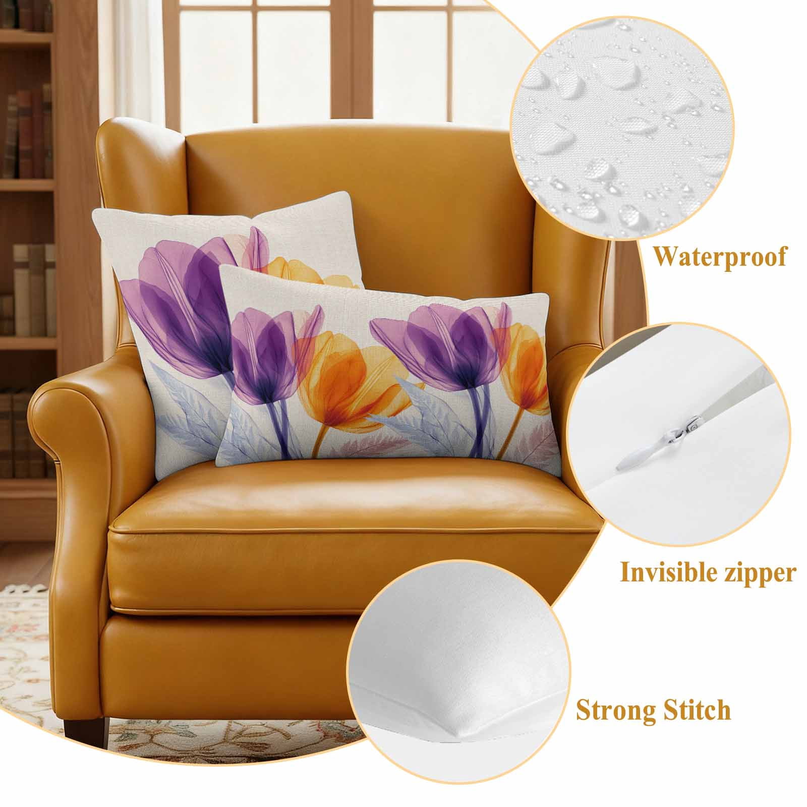 Spring Purple Pillow Covers 2 Pack Orange X-ray Tulip Flower Retro Pillowcase Waterproof Outdoor Throw Pillow Cover for Patio Garden Square Cushion 16”x16”