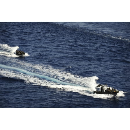 Two Spanish navy ridged-hull inflatable boats cruise at high speed in the Mediterranean Sea Poster