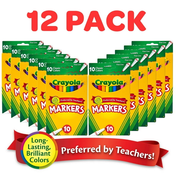 Crayola 12 Boxes of 10 Ct Fine Line Markers, 120 Markers, Bulk Stocking Stuffers for Kids, Classroom Must Haves