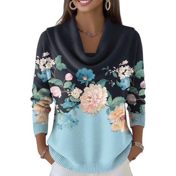 Kixjoy Cowl Neck Sweater for Women Long Sleeve Casual Fashion Knit Sweaters Elegant Lightweight Floral Print Top Fall Soft Vacation Womens Clothes, Sky Blue M
