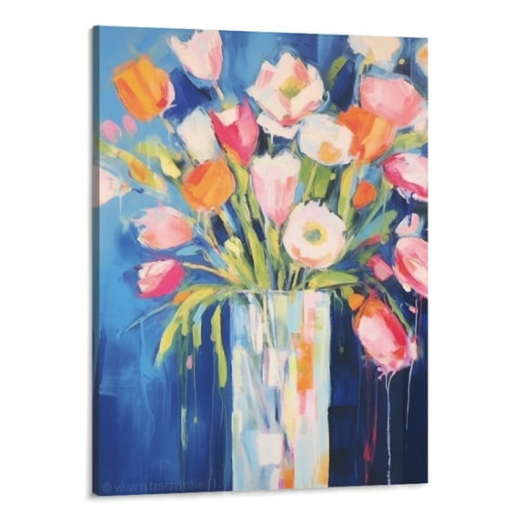 Shiartex  Contemporary Colorful Flower Blooms Canvas Wall Art, Pink Orange Blue Floral Wall Decor for Living Room Bedroom 16x20Inch