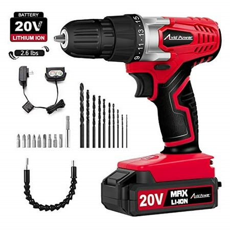 avid power 20v max lithium ion cordless drill, power drill set with 3/8