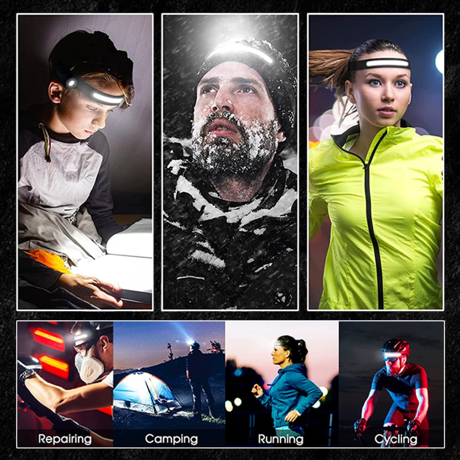 Headlamp Rechargeable Camping Accessories Gear, 230° Head Lamp LED with Motion Sensor, Nite Buddy Headlight Fishing Gear, Waterproof Work Light Flashlight for Camping, Hiking, Repairing
