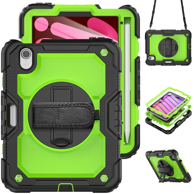 Case for iPad Mini 7 A17 Pro 2024/Mini 6 2021 8.3 Inch 7th/6th Gen with Screen Protector, 360 Degree Rotating Kickstand Hand Strap Shockproof Cover with Shoulder Strap, Lime PC