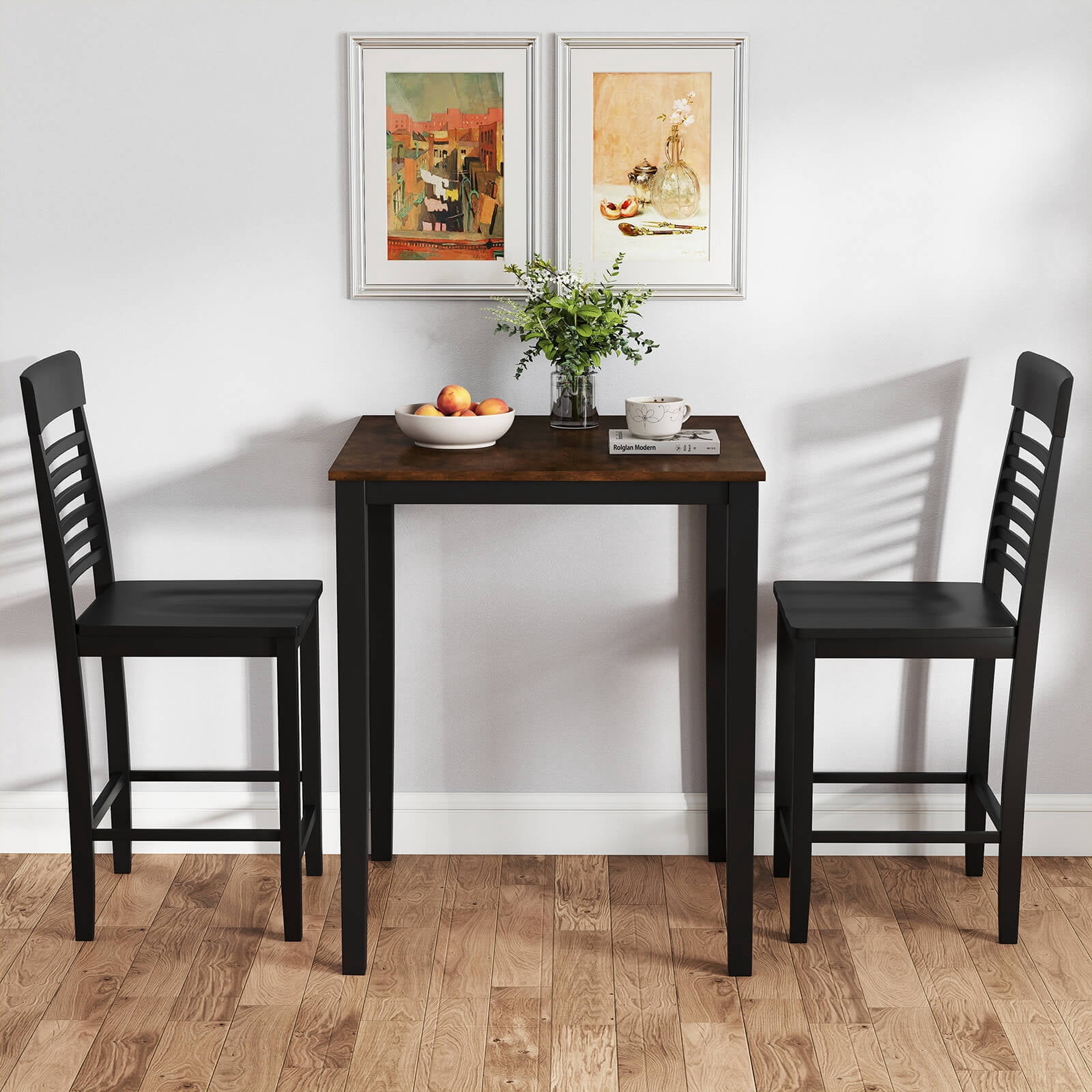 Costway Square Dining Table with Solid Wood Frame Wood Kitchen Table Pub Table for 4-Person Black+Reddish Brown