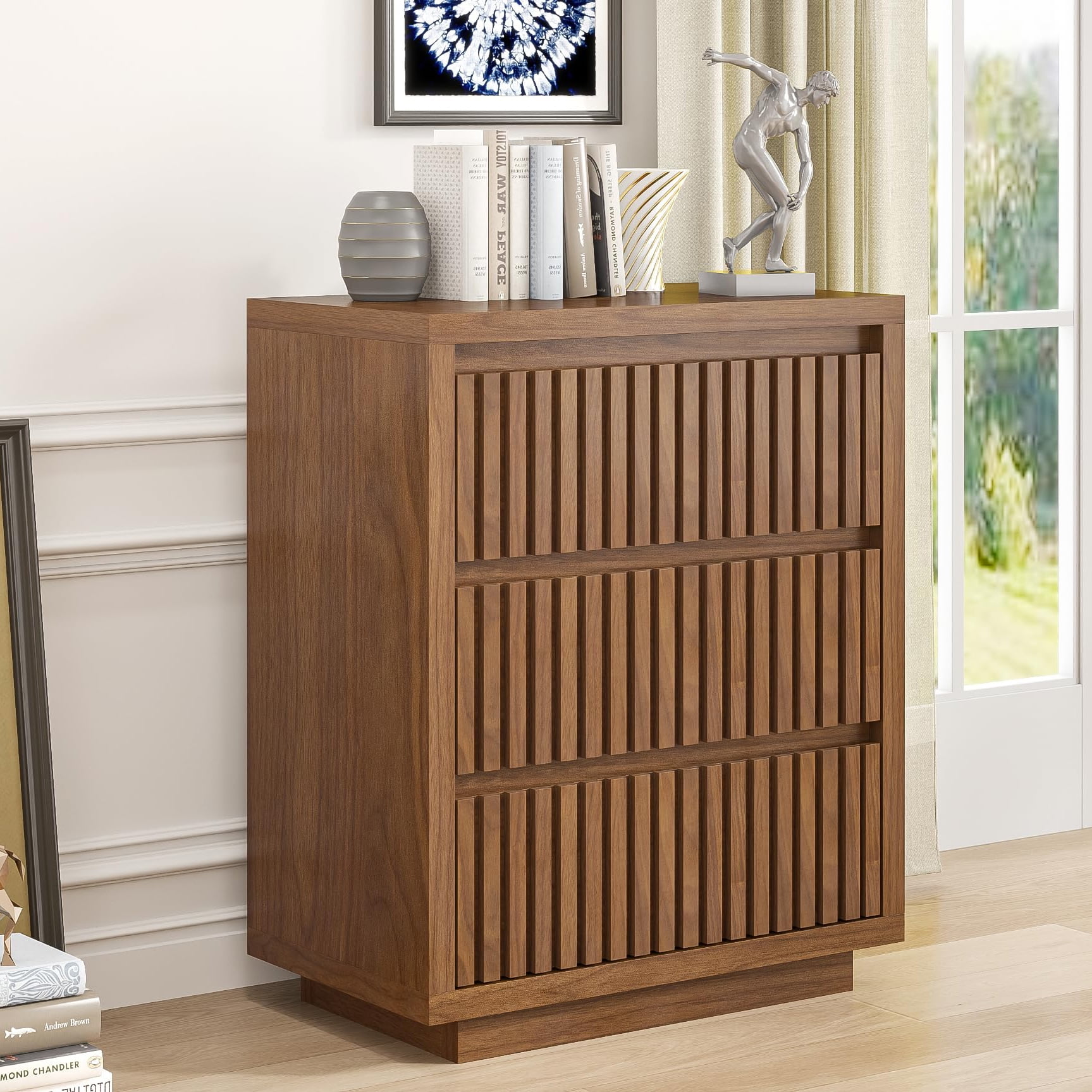Fluted 3 Drawer Dresser, Mid Century Small Wood Chest for Bedroom, Modern Closet Clothes Organizer, Walnut Brown Storage Cabinet