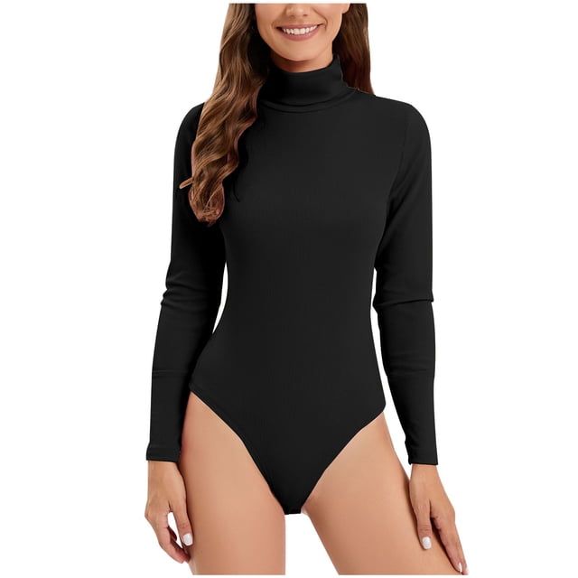 Weiqiqre Justaucorps Basique Uni pour Femme à Col Roulé, Haut à Manches Longues, Combinaison Moulante, Barboteuse Extensible