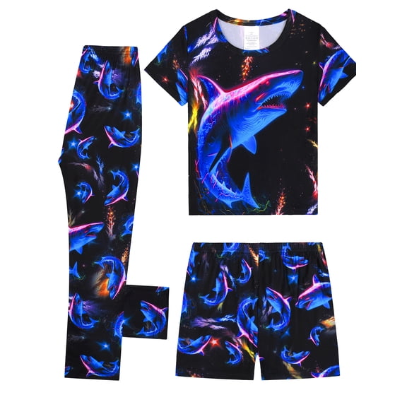 QEFJNO Boys 3-Piece Summer Pajama Sets Kids Shark Pjs Short Sleeve Sleepwear Shirt Shorts Pants 3-12Y