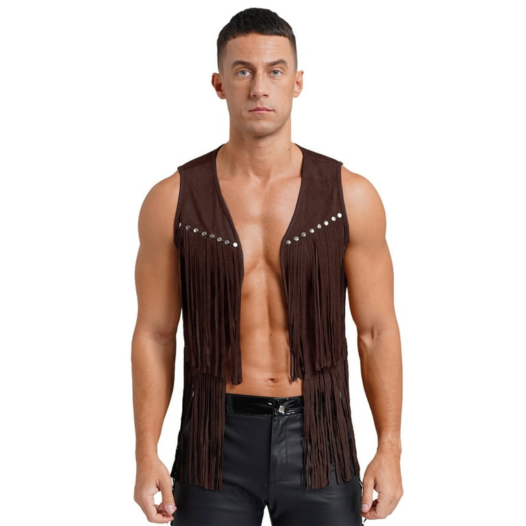 TiaoBug Men's Western Cowboy Vest Fringe Hippie Tank Top Faux