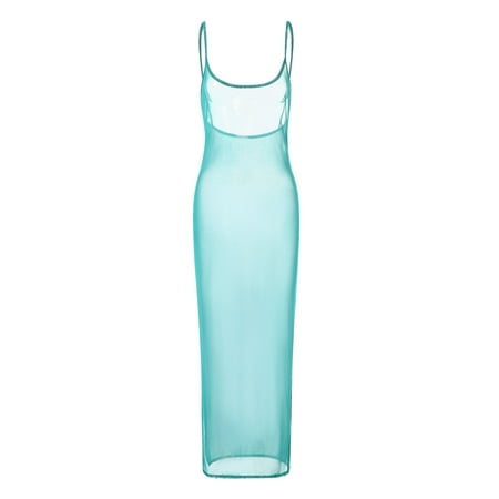 

LSFYSZD New Women Sling Dress Spaghetti Strap Low-Cut See-Through Slit Dress For Club Party Skin-Friendly Casual Simple Style Blue-Green