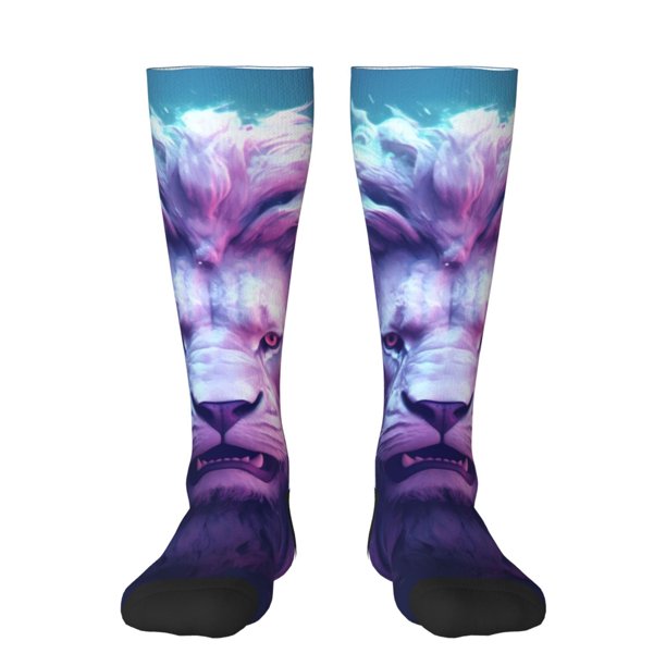 Fotbe Cool Lion Head Calcetas Divertidas Estampadas para Hombre y Mujer, Calcetas de Algodón hasta la Rodilla para Caminar, Correr, Enfermería y Embarazo