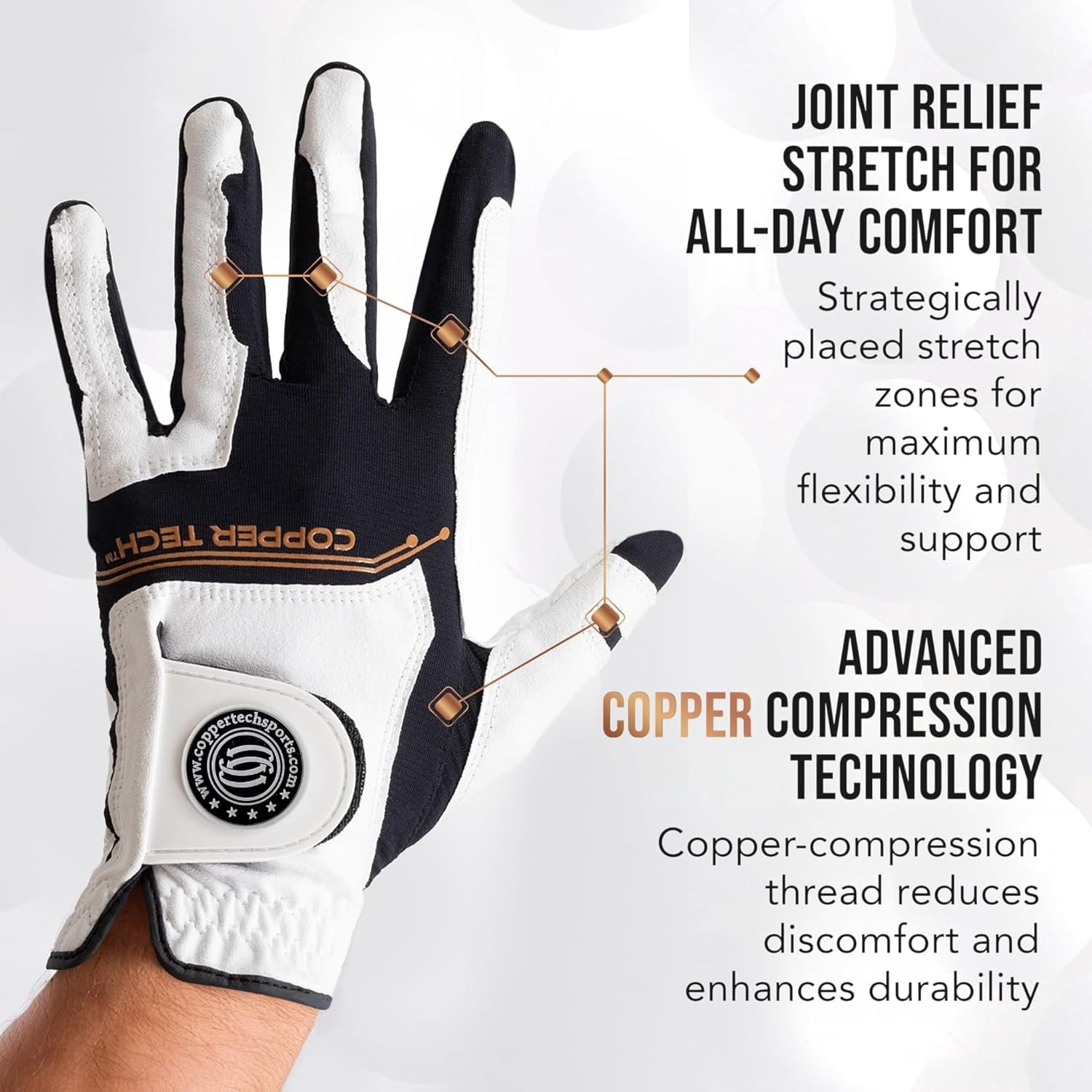 Copper Tech Golf Gloves Men (2 Pack)| Copper Compression Joint Support | Flexible & Comfortable Fit with AAA Leather (White/Black, Small, Left)