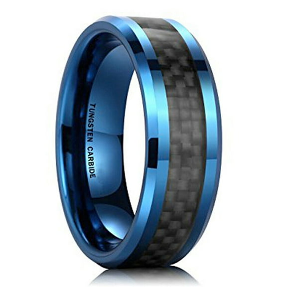 Wedding Rings For Men 8mm Blue Tungsten Band Black Carbon Fiber. Warranty