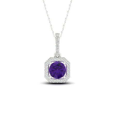 Imperial Gemstone 10K White Gold Round Cut Amethyst 1/10 CT TW Diamond Halo Pendant Necklace