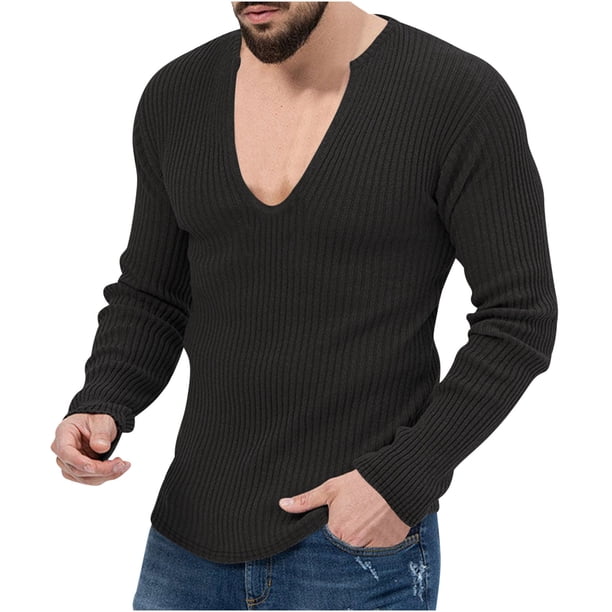 Blusas y camisas de manga larga con cuello en V para hombre, camisetas casuales de manga larga, jersey de punto, camisa de color liso con cuello en V, blusa para hombre