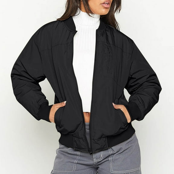 ClodeEU Womens Long Sleeve Baseball Jacket,Warm Windproof Zipped Jacket, Stand Collar Loose Coat Tops Black,Womens Plus L
