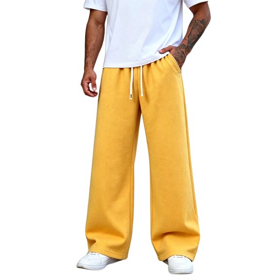 Drawstring Waist Straight Fit Casual Trousers For Men Solid Color Wide Leg Sweatpants Loose Daily Outdoor Comfort Jogger Pants Yellow M