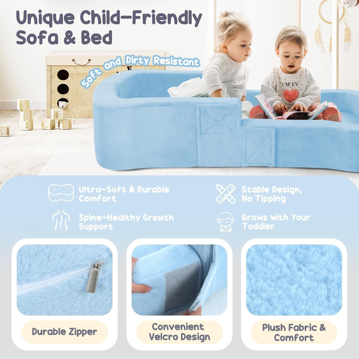 Toddler Travel Bed, 2-in-1 Foldable Portable Toddler Bed Sofa Chair, Soft Baby Kids Travel Floor Cot with Washable Covers Blue