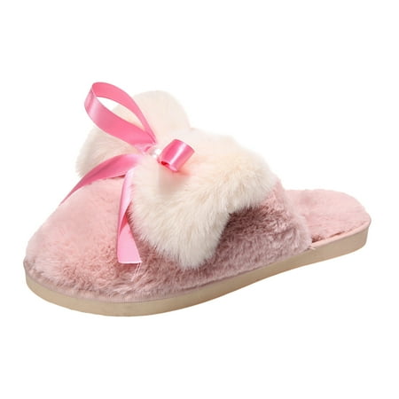 

Women s Fuzzy Slippers Pearl Bowknot Cotton Slippers Fluffy Winter House Shoes