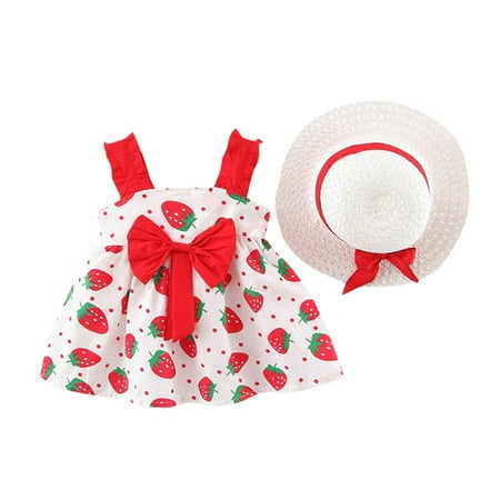 

nsendm Lavender Dress Baby Strawberry Dress Clothes Print Suspenders Hat Baby Princess Outfit Girls Cheese Dress Red 3-4 Years