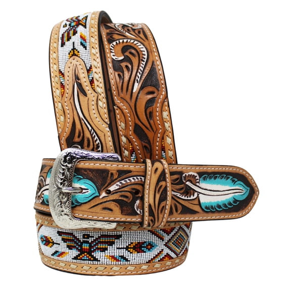 48  Western 2" Wide Feather Tooled Beaded Full-Grain Leather Belt 26RT63U2