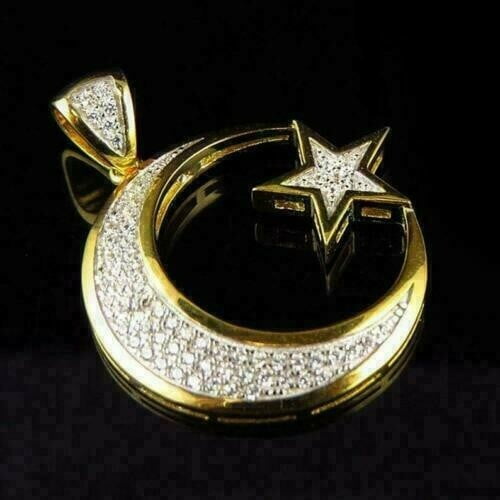 Men's Moon Star Charm Pendant 2 Ct Round Cut White Moissanite 14K Yellow Gold Plated