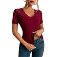 thumbnail image 4 of Camisetas de Corta con Cuello en V y Encaje para Mujer, Camisetas Básicas Ajustadas de Punto Acanalado, Estilo Informal de Verano para Negocios Vino Tinto XXL, 4 of 10
