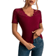 thumbnail image 4 of Camisetas de Corta con Cuello en V y Encaje para Mujer, Camisetas Básicas Ajustadas de Punto Acanalado, Estilo Informal de Verano para Negocios Vino Tinto L, 4 of 10