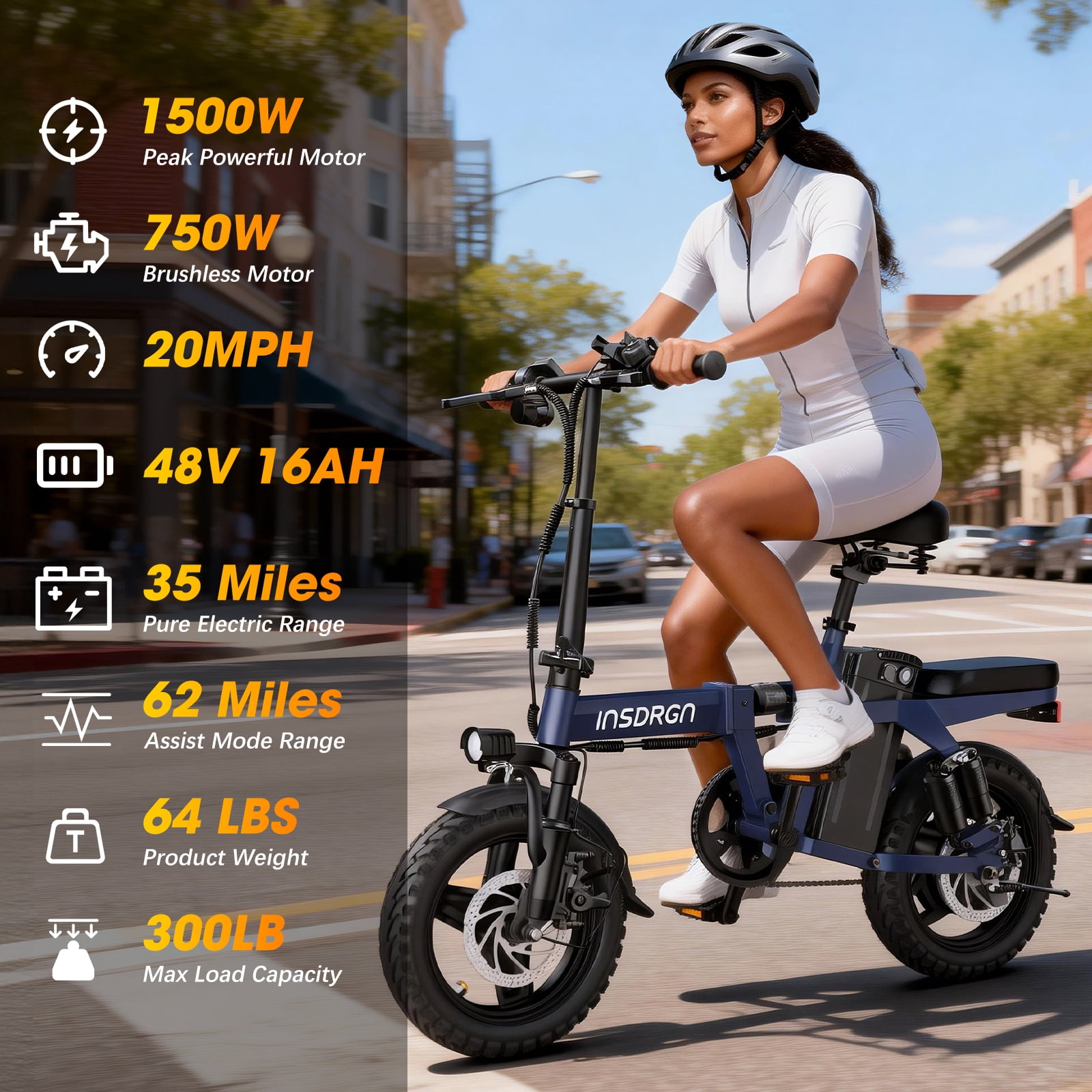 INSDRGN Folding Electric Bike for Teenager and Adults, 16AH 48V Battery 14" Electric Bike 1500W Peak Motor, 62 Miles Range, Mini Ebike for City Commuter, UL2849