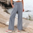 thumbnail image 3 of Bloomae Womens Linen Pants Wide Leg Drawstring Smoked Elastic High Waisted Palazzo Pants Summer Flowy Beach Lounge Casual Trousers with Pockets, 3 of 7