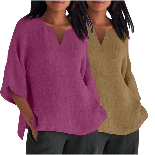 Timegard 2pc Plus Size Tops for Women 3/4 Sleeve Lightweight Blouse Spring Casual Loose Tops Solid Color