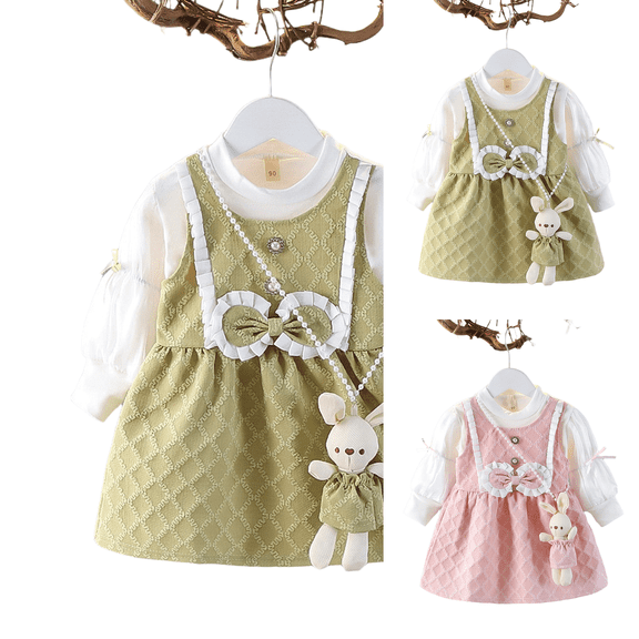 Toddler Little Girls Dress Bow Fall Winter Clothes Kids Girls Outfits Long Sleeve Thanksgiving School Picture Day Outfits Green 1-2Y(90)