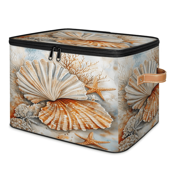 CURLYOOT Coral Ocean Yellow Nautical Seashell Storage Bins with Lid, Decorative Fabric Storage Boxes, Foldable Closet Shelf Organizer Baskets for Bedroom, Living Room, Home