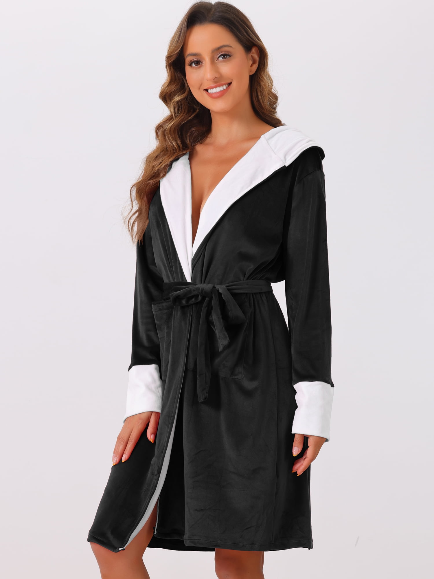 DARING DIVA Fluffy Hooded Bathrobe Plush Long Spa Robe 3XL Black