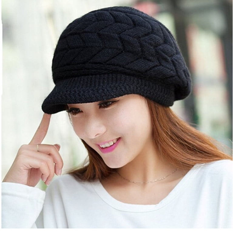 ?Women’s _2hats(black+coffee) Winter Warm Knit Wool Snow Ski Hat with Visor Women Winter Warm Knit Hat Wool Snow Ski Caps with Visor  main image 4