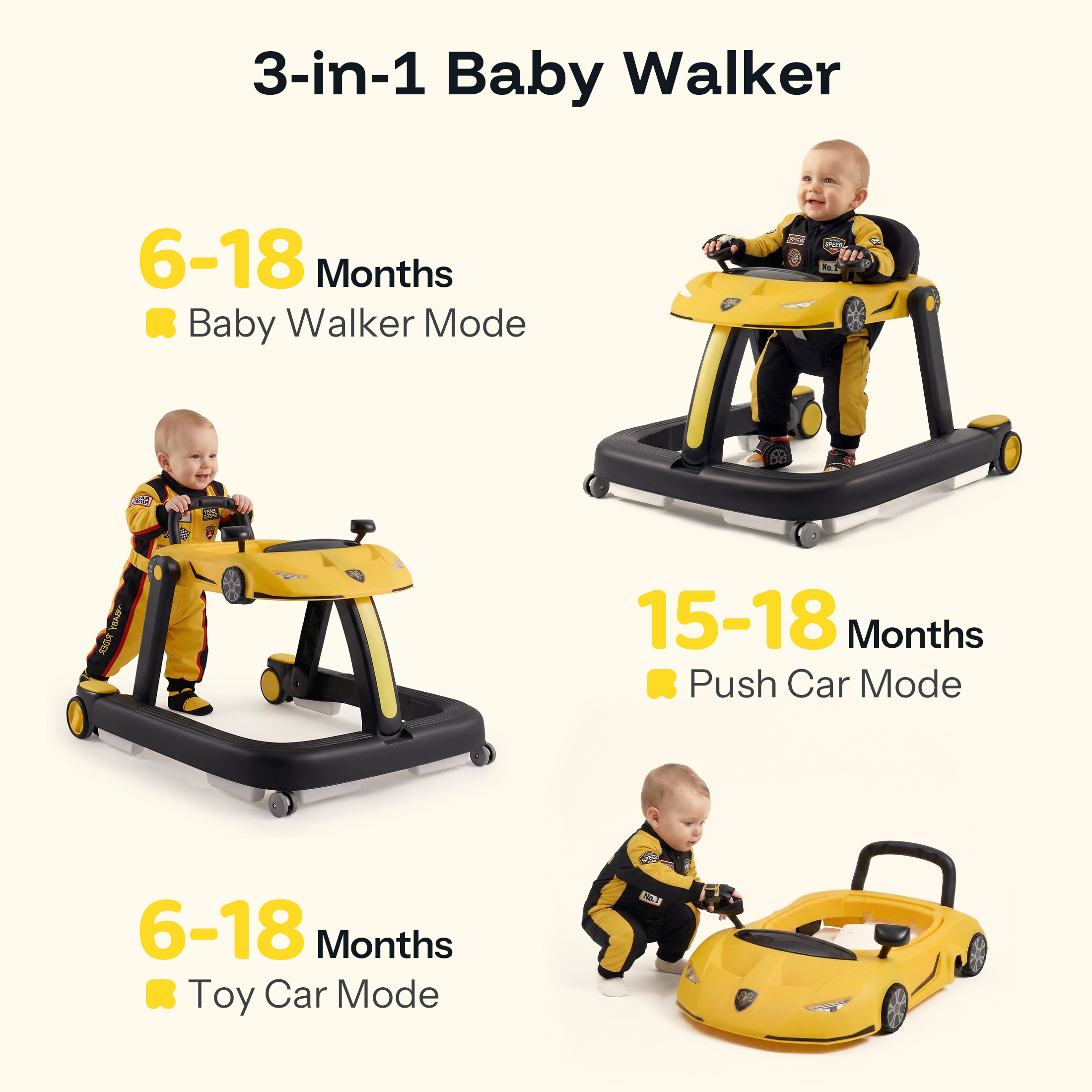 HARPPA Adjustable Baby Walker, Yellow photo 2
