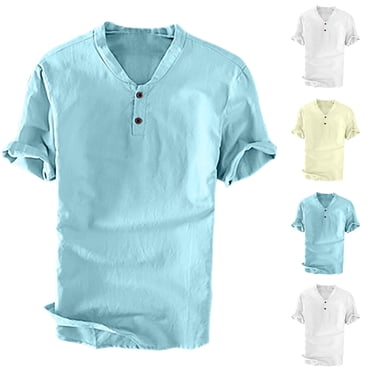 Hinvhai Cotton Linen Shirts for Men Casual Loose Shirts Lightweight Short Sleeve Button Down Beach Hawaiian Shirts Pockets White 10(XL)
