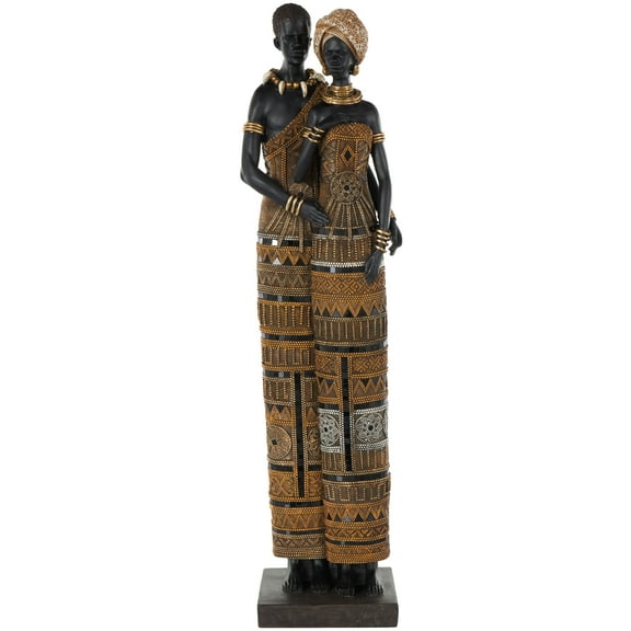 9" x 31" Black Resin Tall African Family Sculpture with Gold Jewels, by DecMode