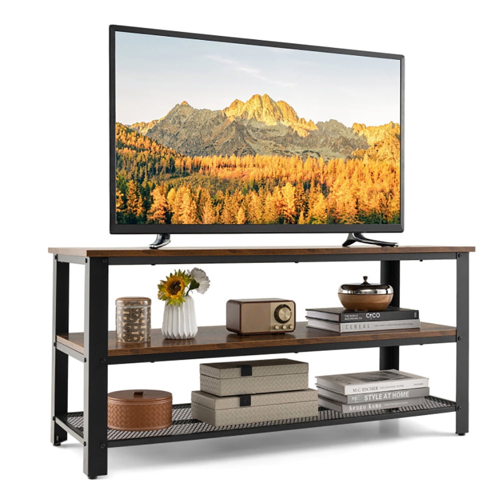 Finihen TV Stand, 3-Tier Industrial Entertainment TV Stand with Metal Mesh Shelf, Media Entertainment Center with Storage, for Living Room, Brown