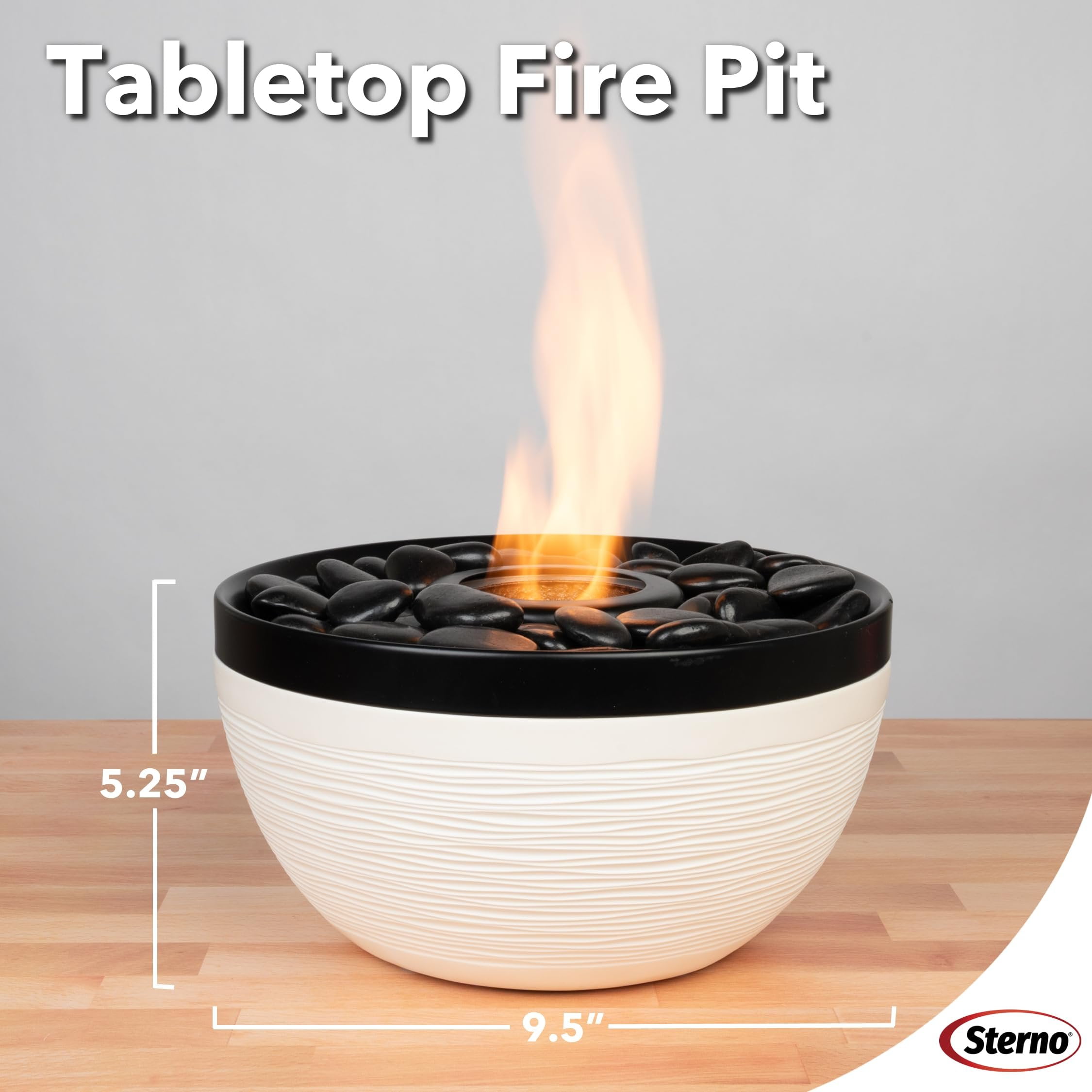 Sterno Tabletop Fire Pit Medium Smokeless Mini Fireplace for Indoor Outdoor Patio & Balcony Decor, Portable Fire Pit 9.5" x 5.25" - Onyx & Ivory