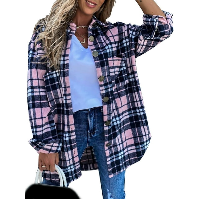 Veste Surchemise à Manches Longues pour Filles et Femmes, à Carreaux, Boutonnée, Décontractée, Surdimensionnée avec Poche