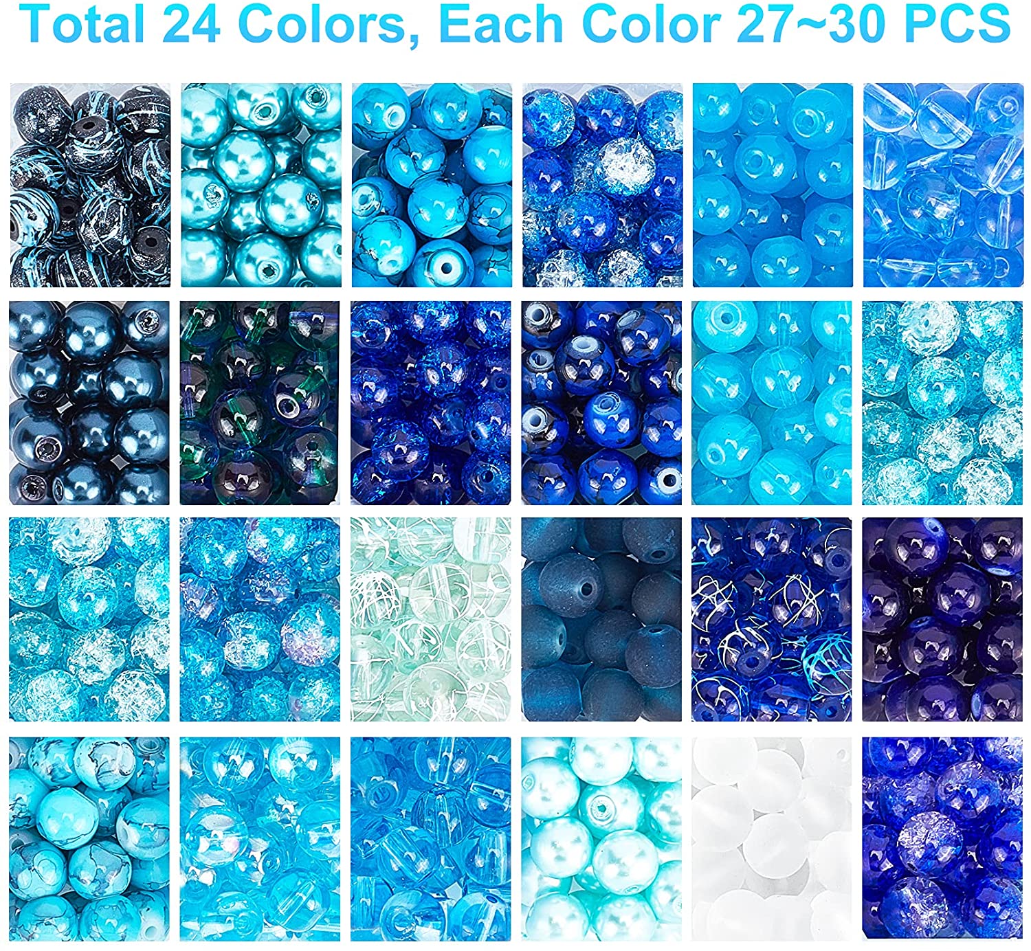 720pcs 8mm Blue Beads for Jewelry Making Glass Beads 24 Color Bracelet Beads Round Craft Loose Beads