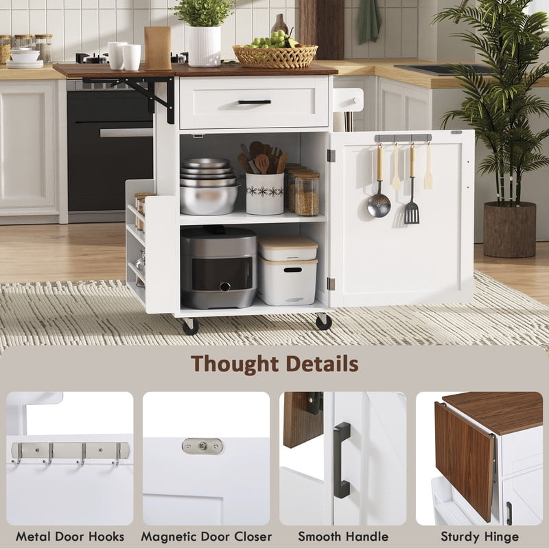 Farmhouse Small Kitchen Rolling Cart with Drop Leaf, Kitchen Island Storage Cabinet with Racks, Hooks, Drawer & Lockable Wheel