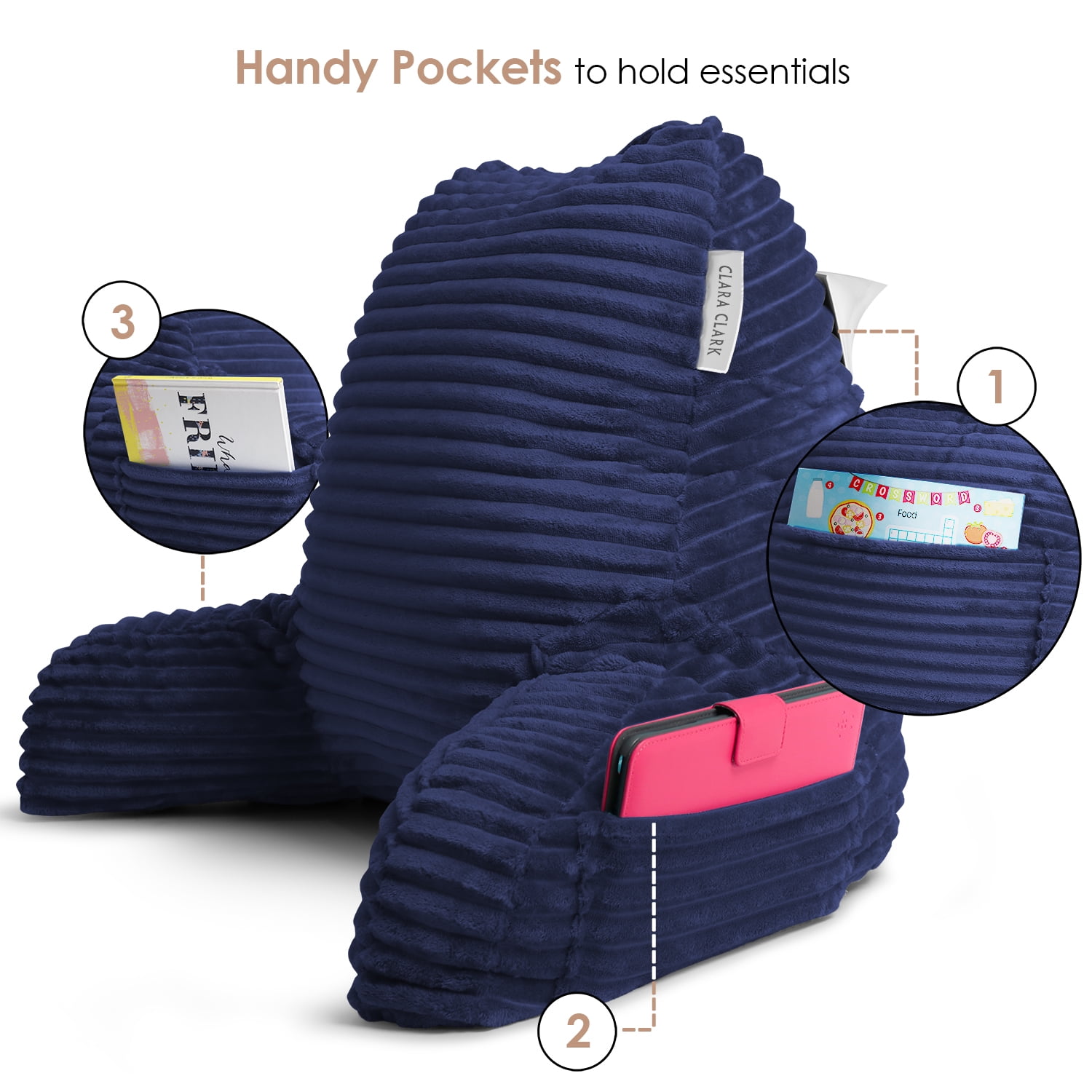 Clara Clark Backrest Reading Pillow, Back Support Pillow with Arms, Shredded Memory Foam Bed Rest Pillow, Medium, Navy Blue