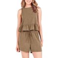 thumbnail image 2 of FOCUSNORM Women's Summer Shorts 2Pcs Suit Solid Color Ruffle Crop Top Tanks + Elastic Waist Drawstring Shorts Outfits, 2 of 6